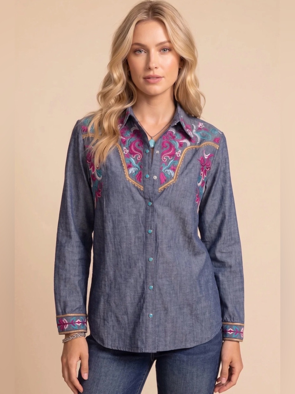 Johnny Was Women's Deidre Western Seamed Yoke Shirt - Denim - Medium
